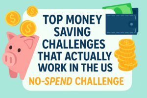 Infographic banner showing Top Money Saving Challenges That Actually Work in the US with focus on the No-Spend Challenge, illustrated with piggy bank, wallet, and coins.