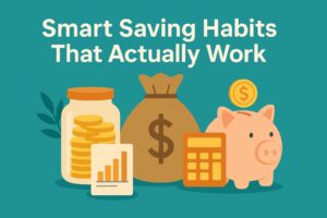 Illustration of smart saving habits with a piggy bank, calculator, money bag, and coin jar representing personal finance and budgeting.