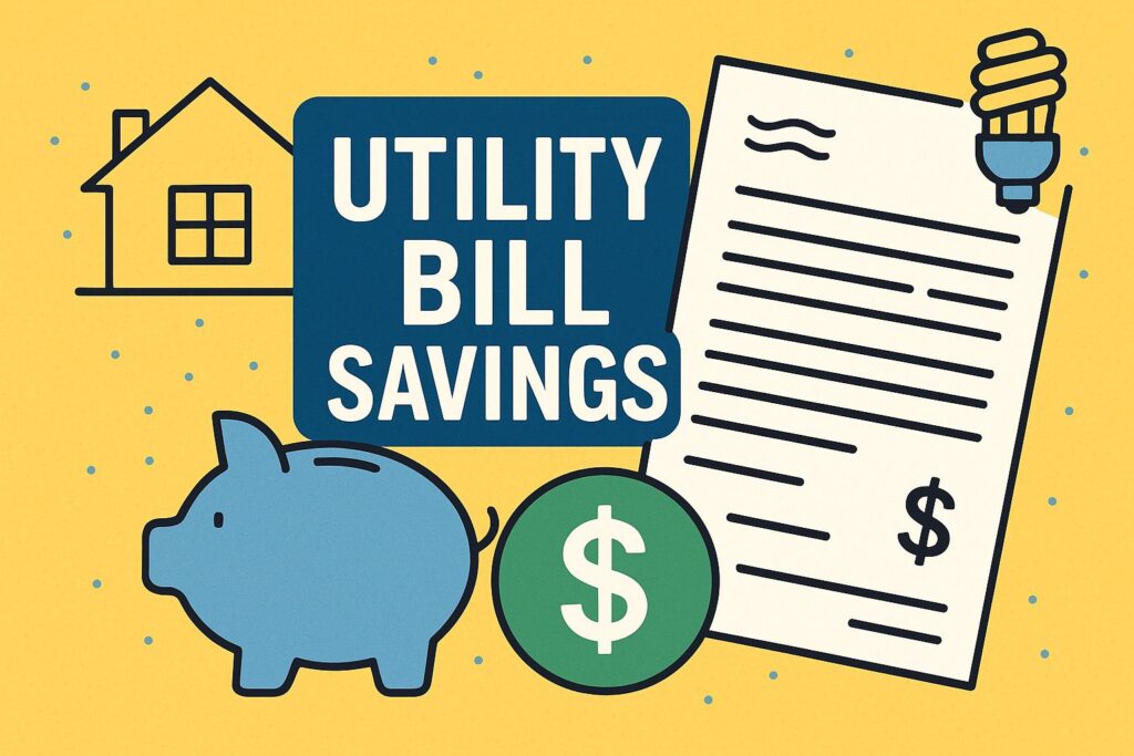 Illustration showing the phrase “Utility Bill Savings” with icons of a house, a piggy bank, a dollar sign, a utility bill, and an energy-saving light bulb, symbolizing ways to reduce household expenses in the US.