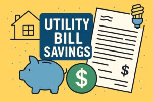 Illustration showing the phrase “Utility Bill Savings” with icons of a house, a piggy bank, a dollar sign, a utility bill, and an energy-saving light bulb, symbolizing ways to reduce household expenses in the US.