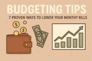 Horizontal image with the title Budgeting Tips: 7 Proven Ways to Lower Your Monthly Bills, featuring icons of a wallet with coins, paper money, and a rising bar chart.