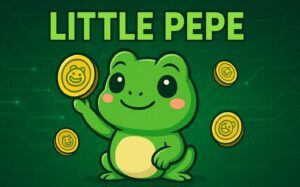 Little Pepe (LILPEPE) cartoon frog mascot holding a golden crypto coin with LILPEPE logo, surrounded by floating coins on a digital blockchain background.