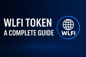 A wide horizontal digital graphic featuring the title “WLFI Token: A Complete Guide” on a deep blue gradient background, with a glowing circular WLFI logo that includes a globe icon, designed as a professional cryptocurrency banner.