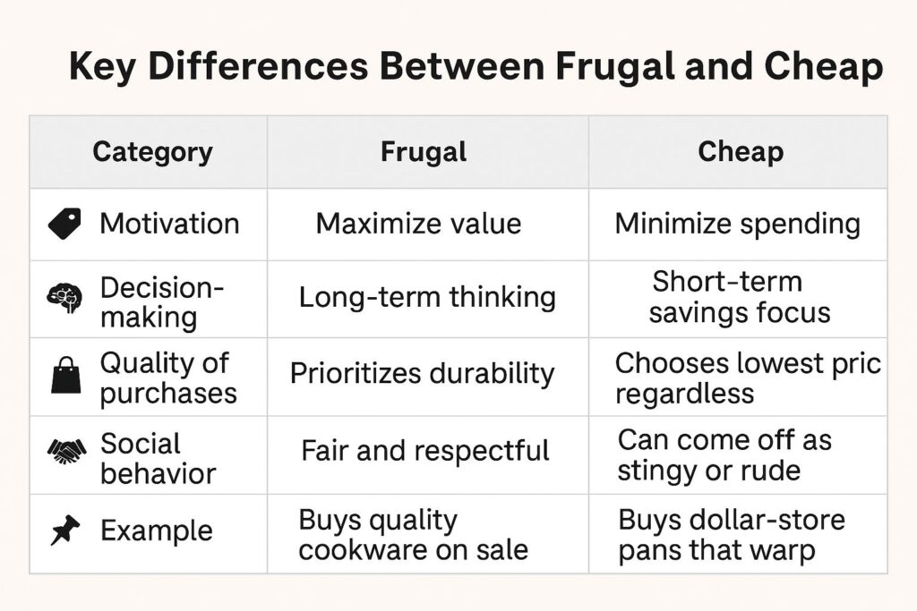 A clear infographic comparing frugal vs cheap with side-by-side differences in motivation, decision-making, quality of purchases, social behavior, and real-life examples. Frugal focuses on long-term value and respect, while cheap emphasizes saving money at all costs