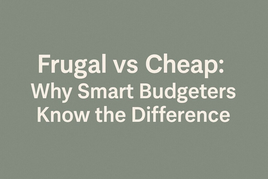 A clear infographic comparing frugal vs cheap with side-by-side differences in motivation, decision-making, quality of purchases, social behavior, and real-life examples. Frugal focuses on long-term value and respect, while cheap emphasizes saving money at all costs.”