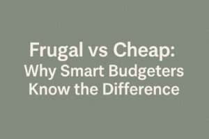 A clear infographic comparing frugal vs cheap with side-by-side differences in motivation, decision-making, quality of purchases, social behavior, and real-life examples. Frugal focuses on long-term value and respect, while cheap emphasizes saving money at all costs.”
