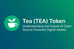 Tea (TEA) Token horizontal banner showing a digital cup with leaves icon and text about the future of open source powered digital assets.