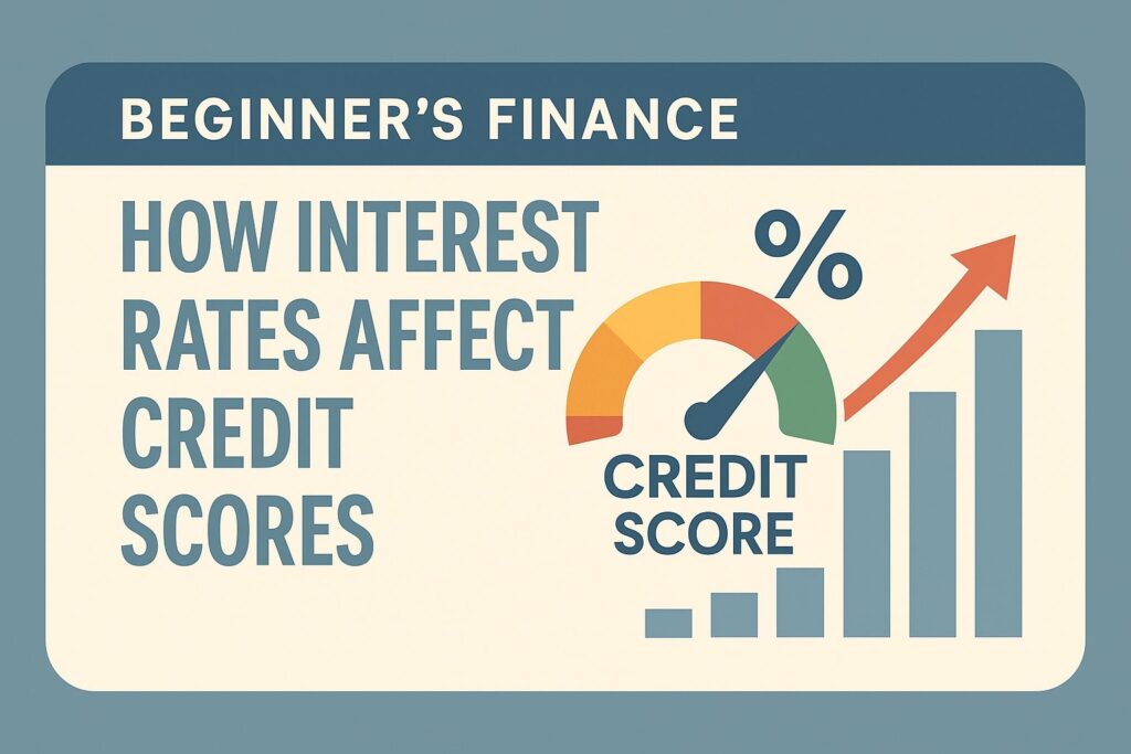 Beginner’s Finance horizontal graphic with credit score gauge, upward red arrow for interest rates, dollar icons, and a person holding a calculator, symbolizing how interest rates impact credit scores and personal finance.