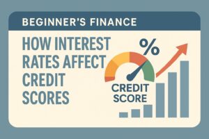 Beginner’s Finance horizontal graphic with credit score gauge, upward red arrow for interest rates, dollar icons, and a person holding a calculator, symbolizing how interest rates impact credit scores and personal finance.