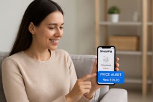 A woman smiling while checking a price alert notification on her smartphone during online shopping at home.