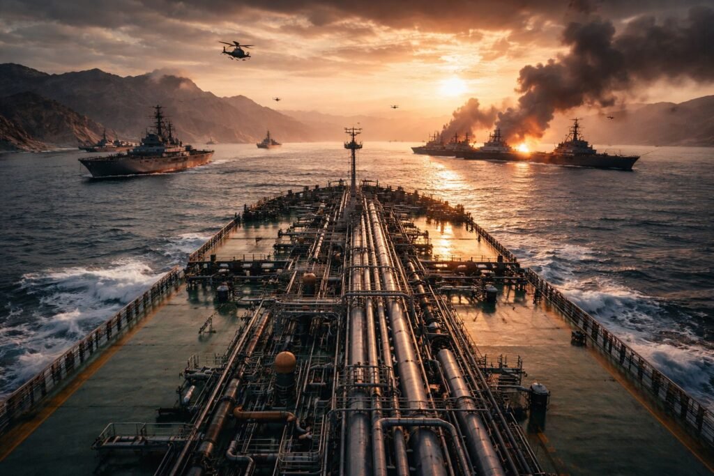 Strait of Hormuz tensions 2026 affecting global oil transport as tankers and military vessels operate in a high risk maritime zone