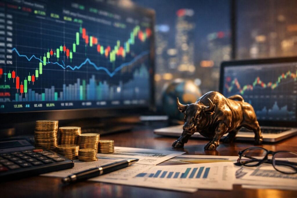 Stock market charts with rising candlestick graph, coins, and bull statue representing investing and financial market growth