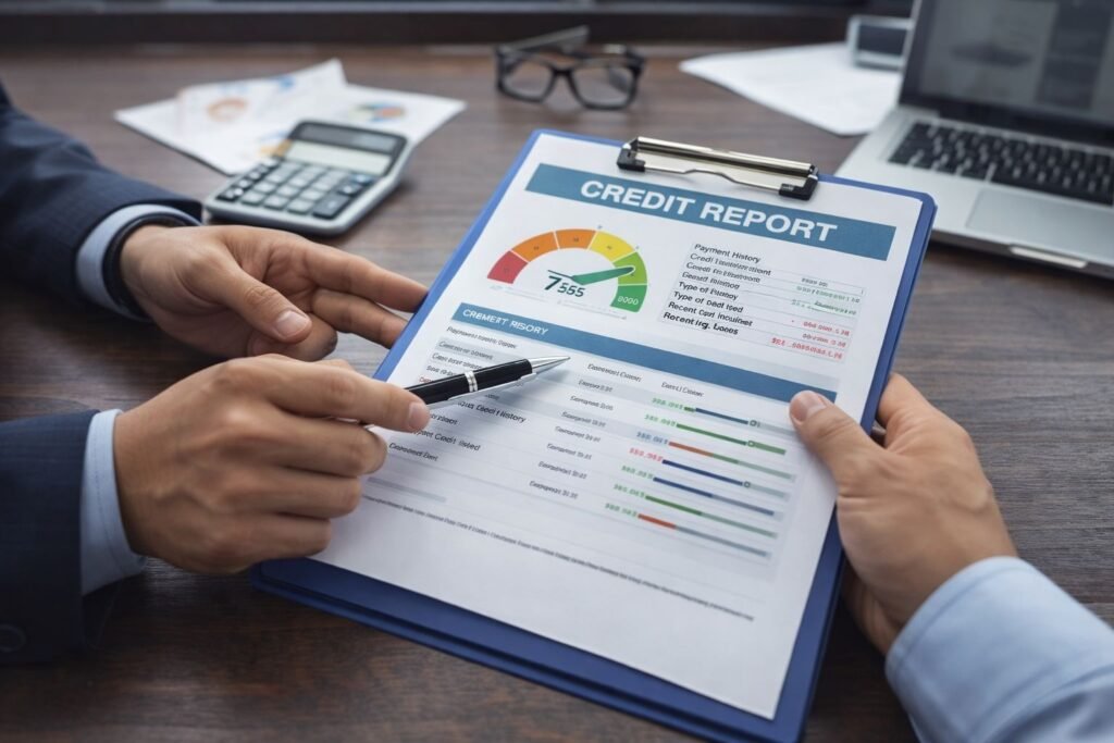 lenders reviewing a credit report and credit score before approving a loan