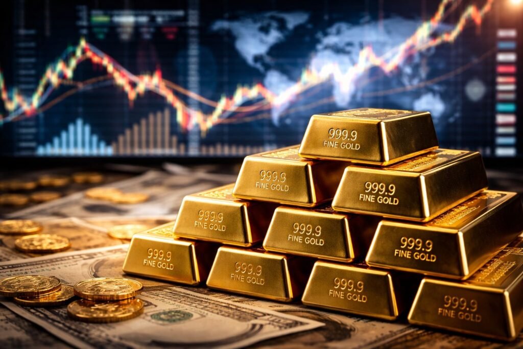 gold bars and financial charts representing safe haven demand in global markets