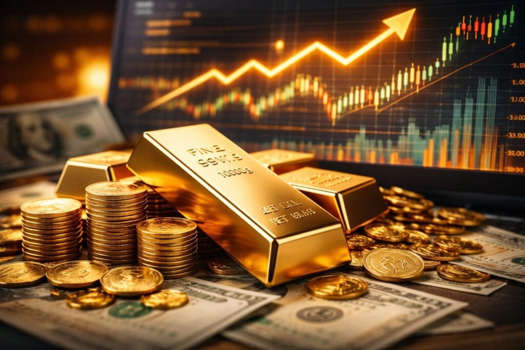 Gold bars and coins with rising financial chart and US dollar background representing gold market trends 2026