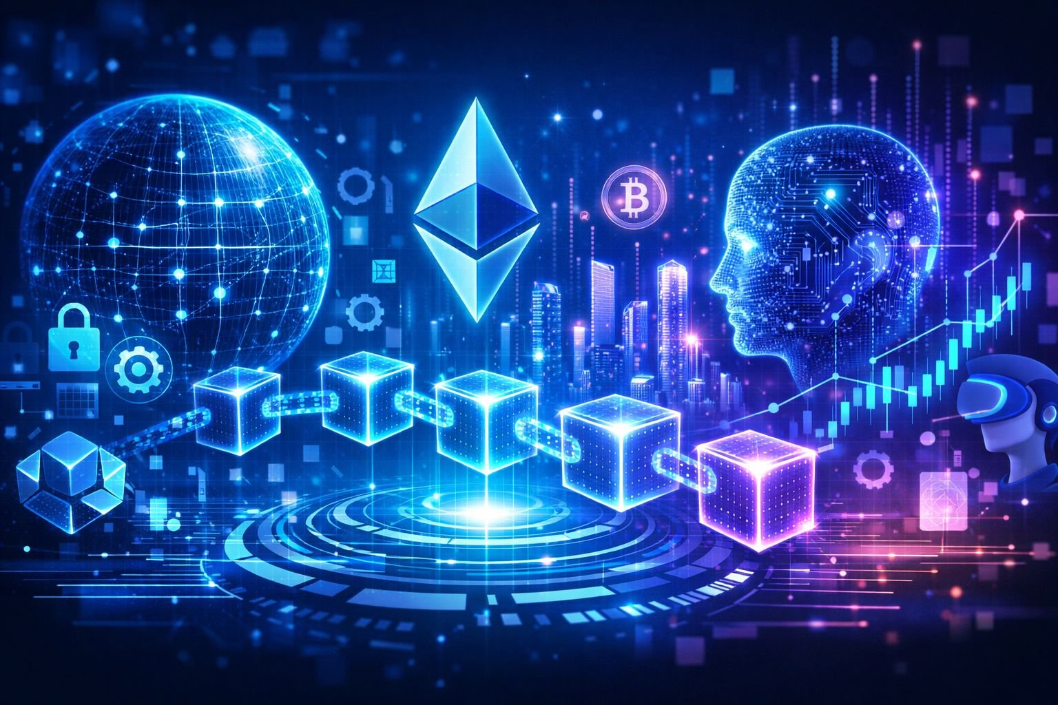 Web3 and blockchain technology concept with digital network, decentralized blocks, cryptocurrency symbols, and futuristic AI interface