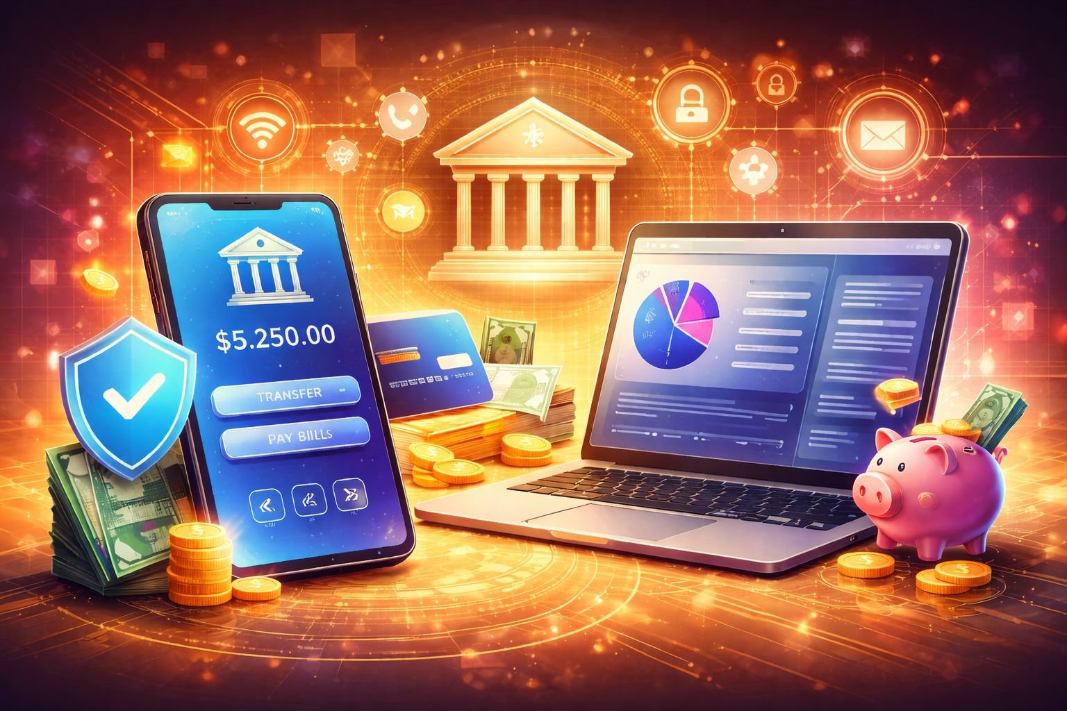 Online banking system with smartphone app, secure transactions, and digital finance interface in modern warm colors