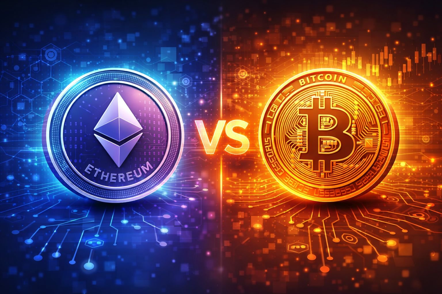 Ethereum vs Bitcoin comparison concept with digital coins, blockchain networks, and contrasting blue and orange technology backgrounds