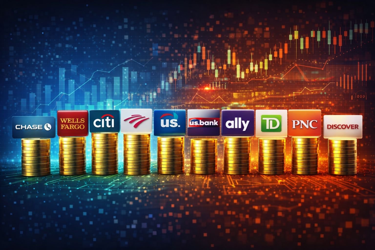 Top US banks comparison concept with financial charts, gold coin stacks, and digital banking interface in a modern background